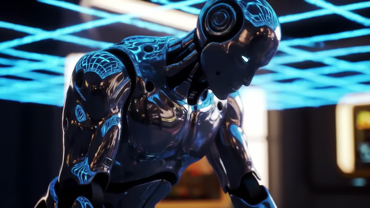 A Futuristic Humanoid Robot with Metallic Features and Luminescent Patterns Navigates a High-Tech Environment Under Neon Lighting