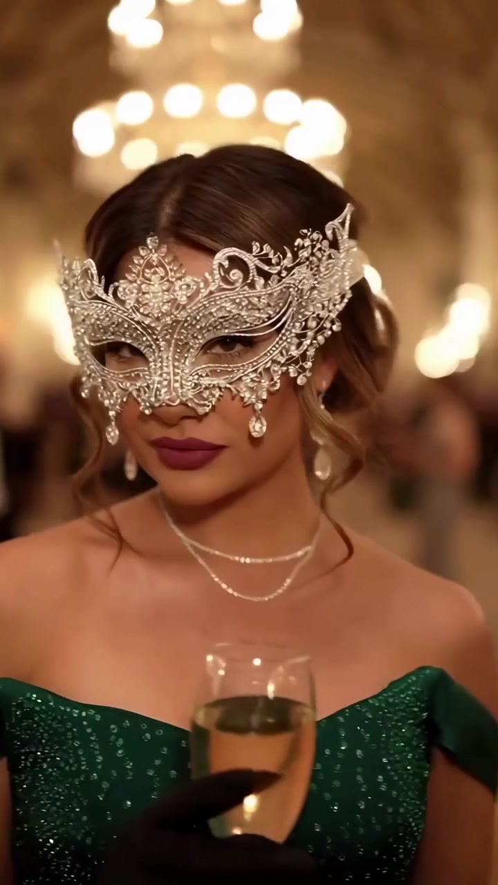 Mulher Elegante com Máscara de Baile Degusta Champanhe em Evento Formal