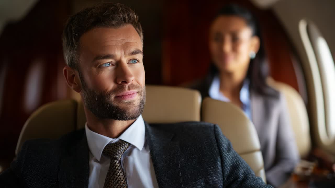 A Pensive Man in a Business Jet Cabin, Captured in Two Frames Showing His Intriguing Expression and the Subtle Background Presence of a Woman, Evoking a Sense of Sophistication and Comfort in Travel