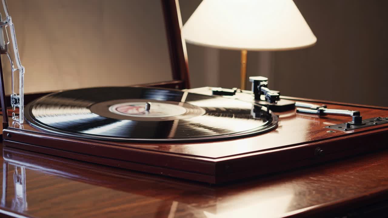 Giradischi vintage con illuminazione calda, acquisito da una angolazione bassa