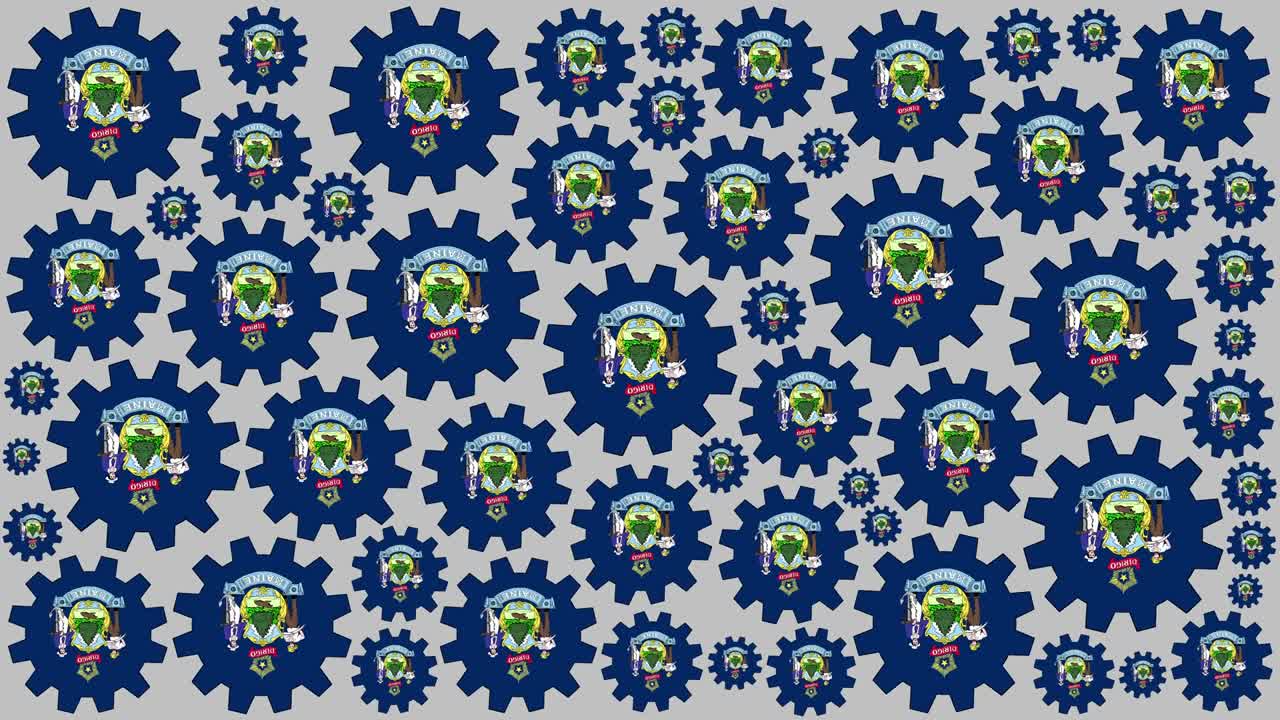 Maine US state flag gears spinning background