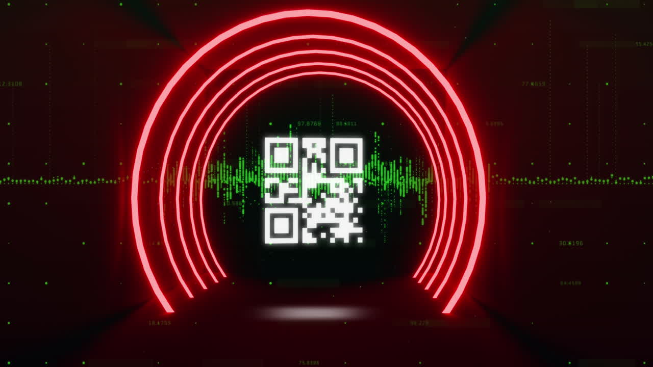 QR code scanner with neon elements against green light trails