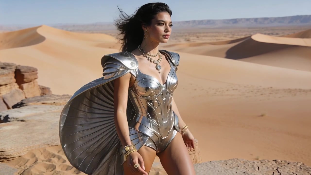 Modella che cammina e posa in body metallico, mantello e gioielli su una sporgenza, brezza che spiega il mantello e i capelli