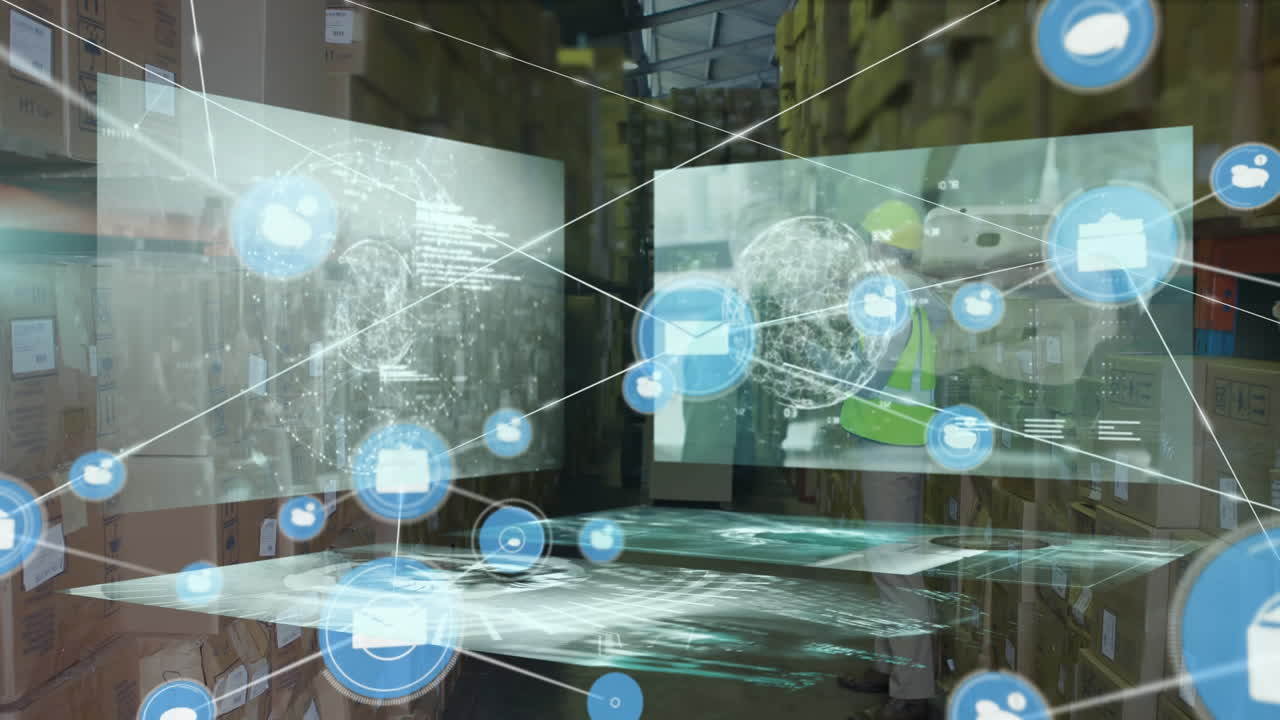 창고에 있는 백인 남성 노동자에 대한 데이터 처리 애니메이션