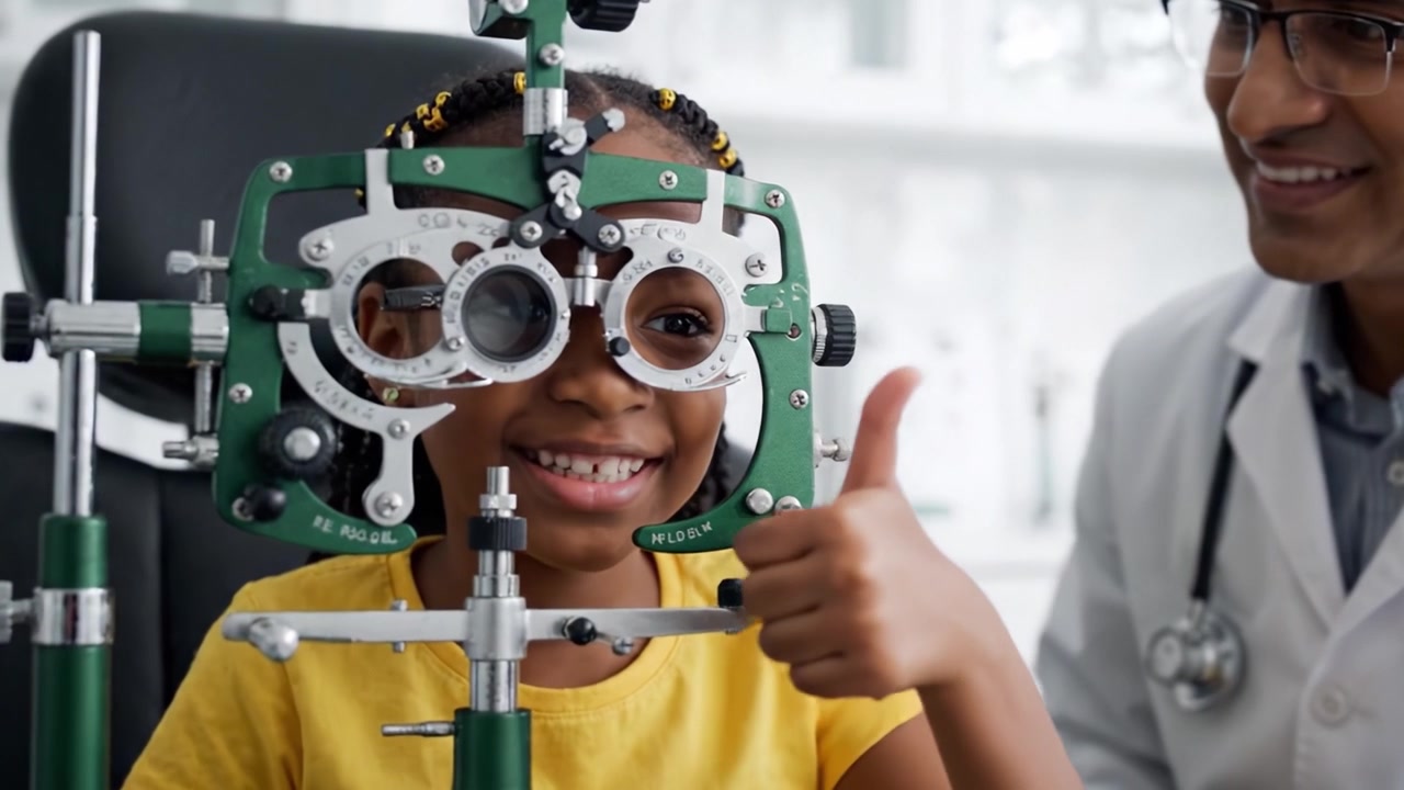 A Young Girl Smiles with Joy During an Eye Examination as a Doctor Provides Insight and Care in a Friendly, Professional Environment