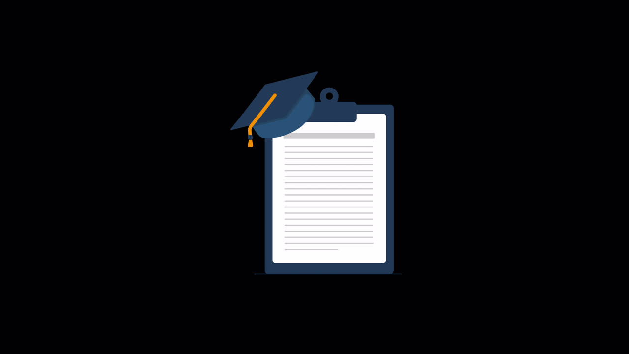 Tocco di laurea animato che atterra su un blocco appunti con un documento