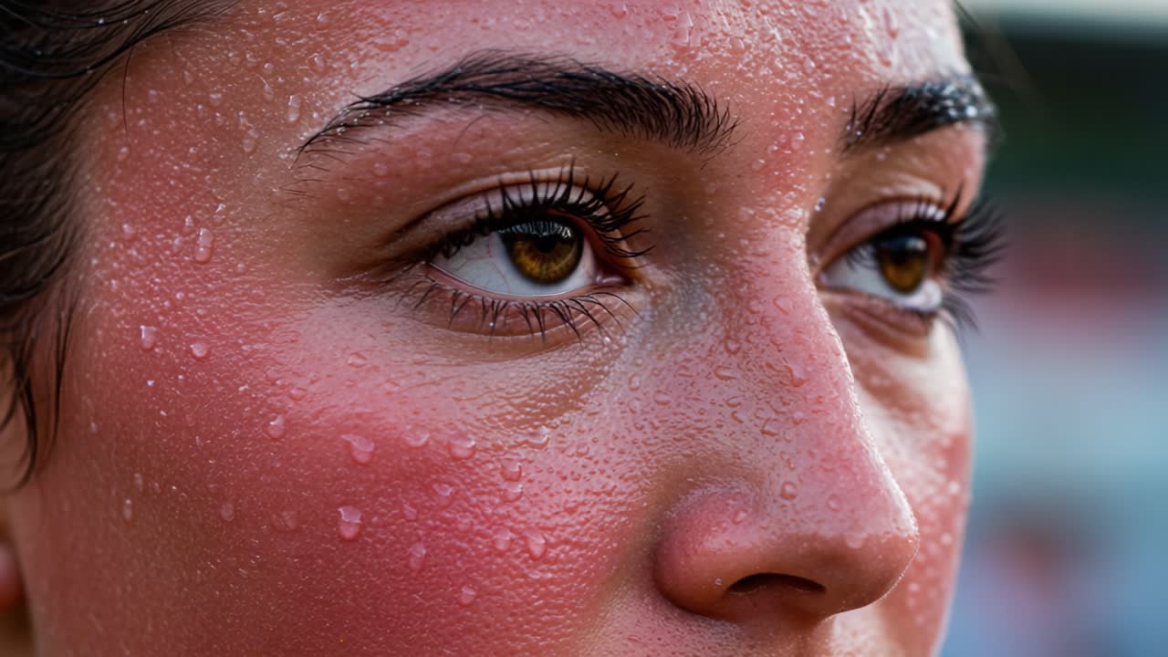 A Close-Up Portrait of a Sweaty Athlete Capturing Intensity and Focus with Glistening Skin in Bright Conditions Reflecting Commitment and Determination