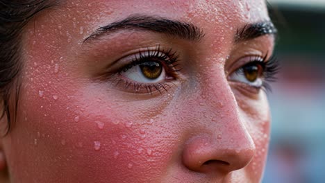 a close-up portrait of a sweaty athlete capturing intensity and focus with glistening skin in bright conditions reflecting commitment and determination