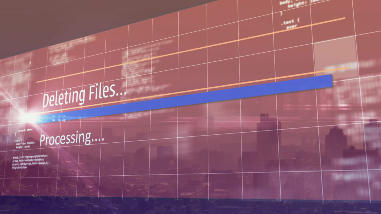 Displaying long blue progress bar sliding over purple-pink gradient grid revealing deleting files