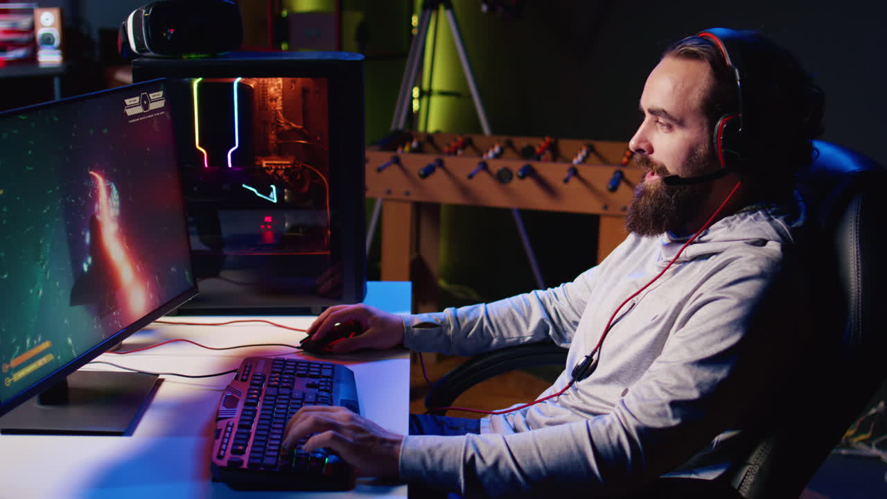Man talking with friends online while playing singleplayer videogame with spaceship shooting laser
