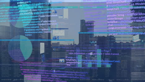 animación del procesamiento de datos estadísticos frente a una vista aérea del paisaje urbano