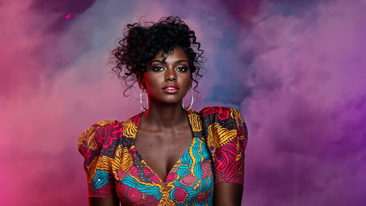 Posing woman tilting chin as camera zooming in at studio, showing puffed-sleeves, hoops, makeup