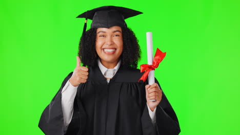 graduation, green screen and woman thumbs up