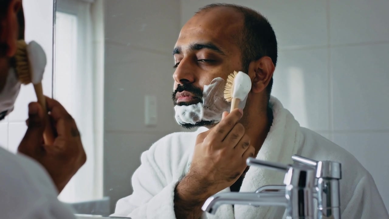 Homem de roupão branco, levantando o pincel, aplicando espuma de barbear no rosto em frente ao espelho, preparando-se para barbear.