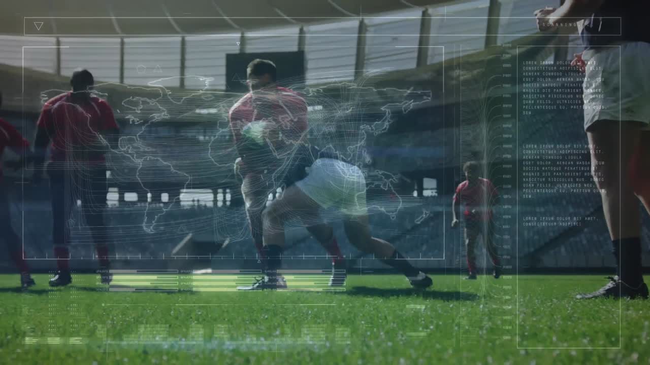 스포츠 경기장 위의 데이터 처리 및 럭비 선수의 애니메이션