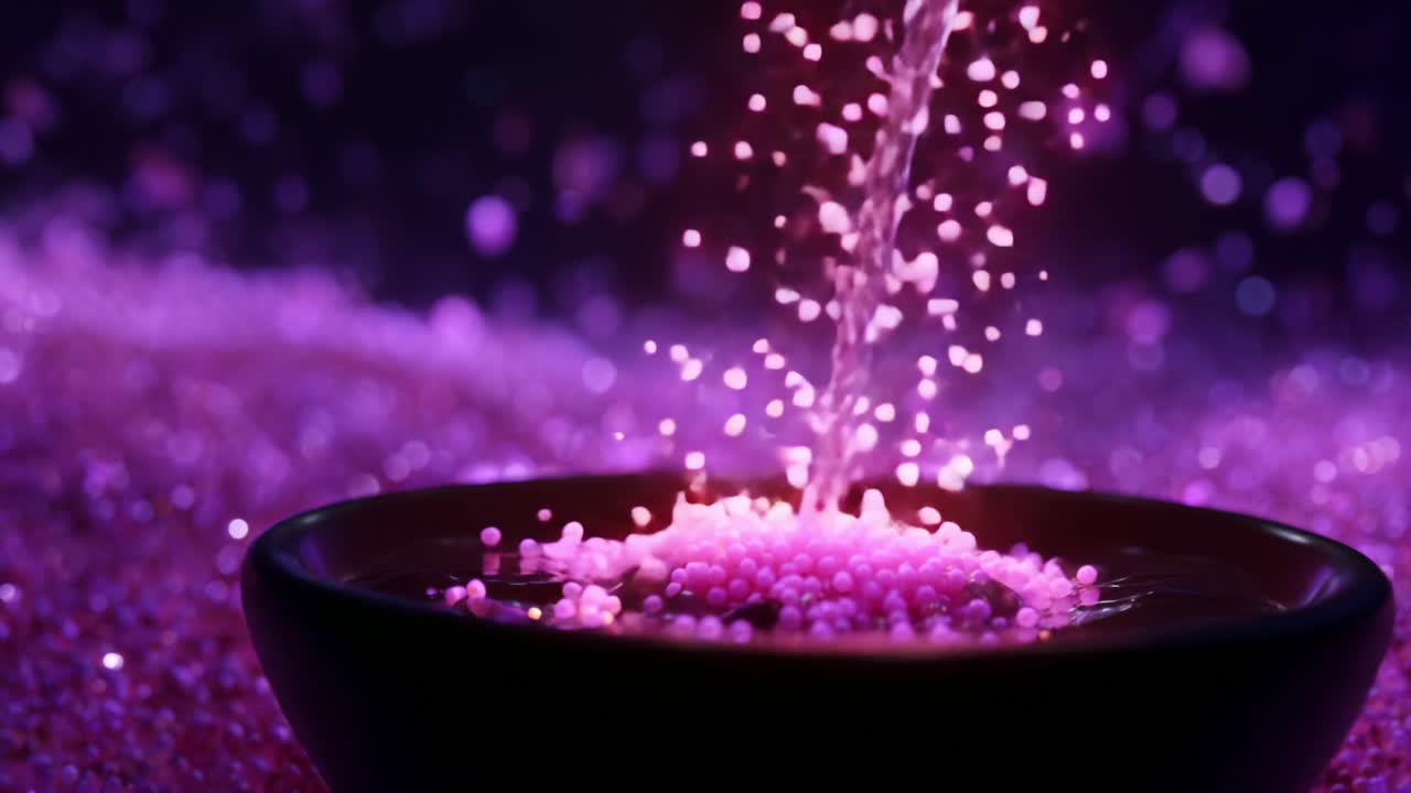 In an enchanting display of luminous colors, a stream of sparkling water cascades into a dark bowl filled with glimmering beads, creating a mesmerizing visual effect that captivates the senses and transports viewers to a dreamlike realm