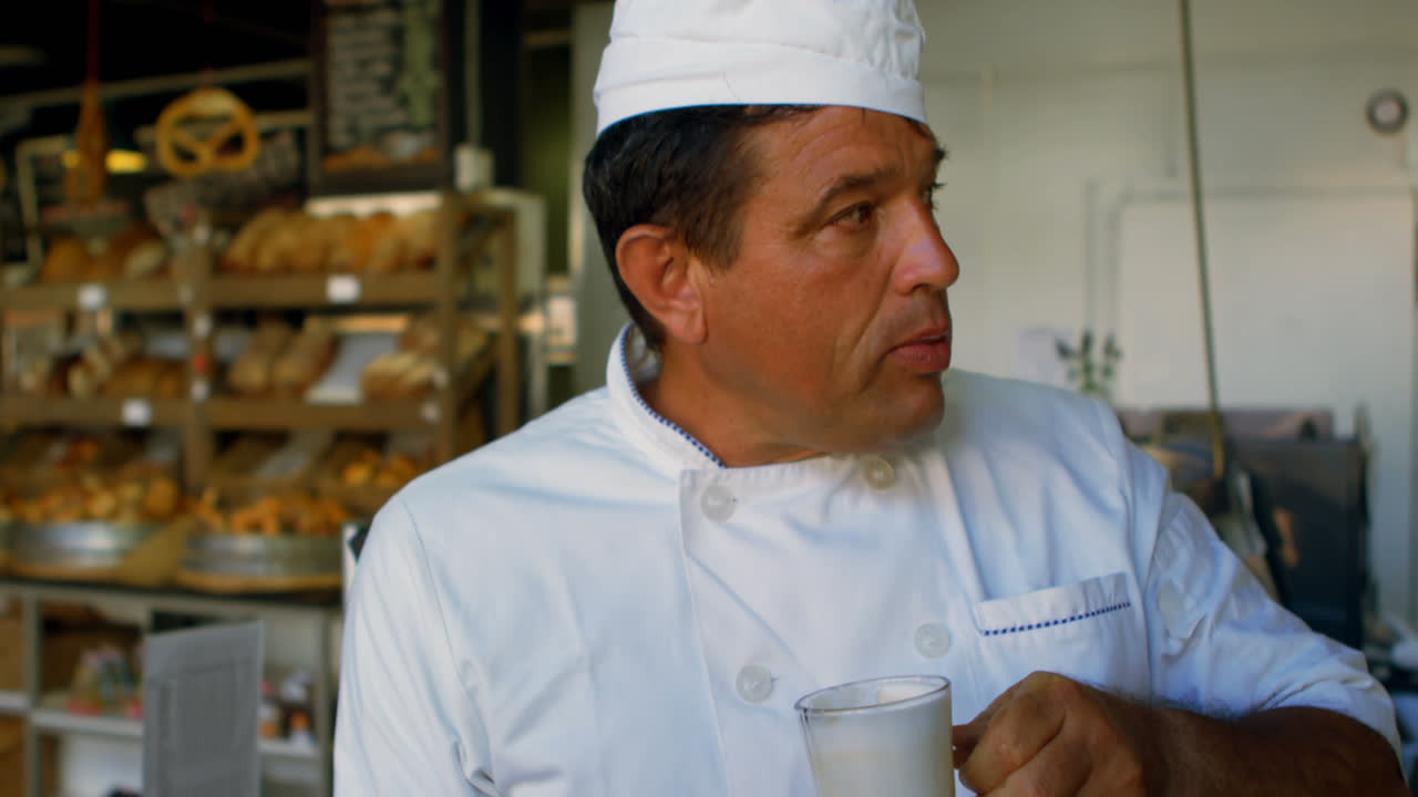 Chef che beve un frappè al cioccolato in cucina professionale 4k