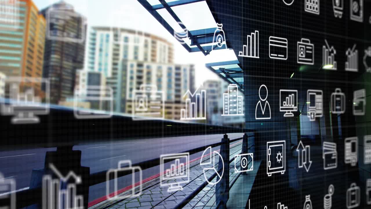 현대 건물에 대한 다리에서 움직이는 차량의 시간 경과에 따라 여러 아이콘의 애니메이션