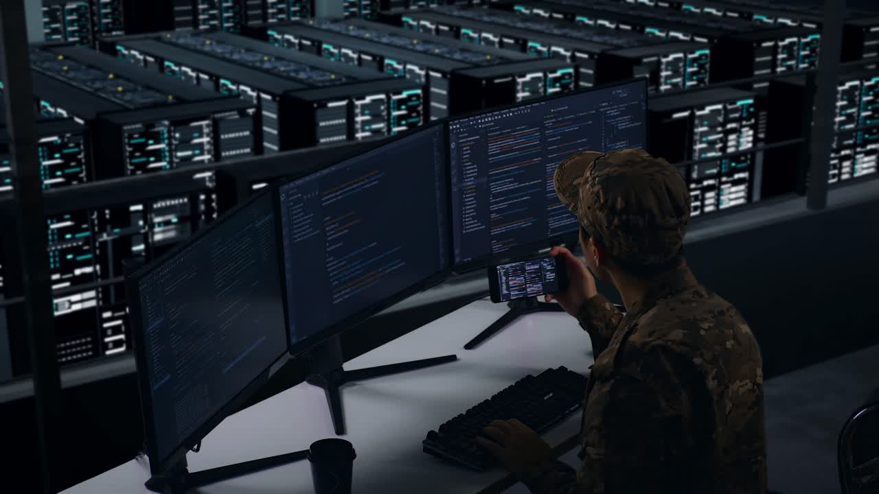 Side View Of Asian Military Working With Mobile Phone While Write Code With Multiple Computer Screens In Data Center