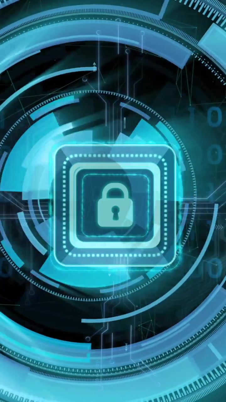 Animation of scope scanning with data processing over padlock icon on black background