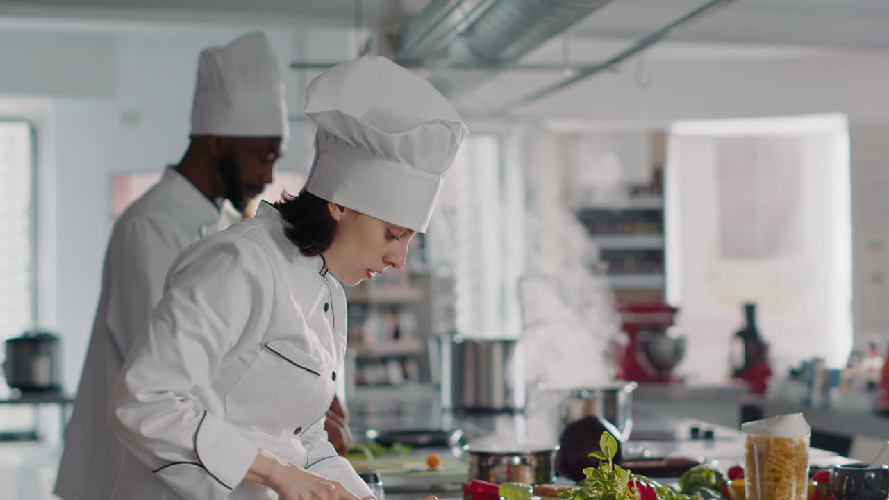 Authentic chef preparing garlic clove to add on delicious food