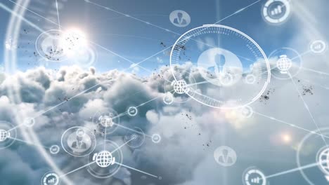 Digital-animation-of-network-of-connections-icons-against-clouds-in-sky