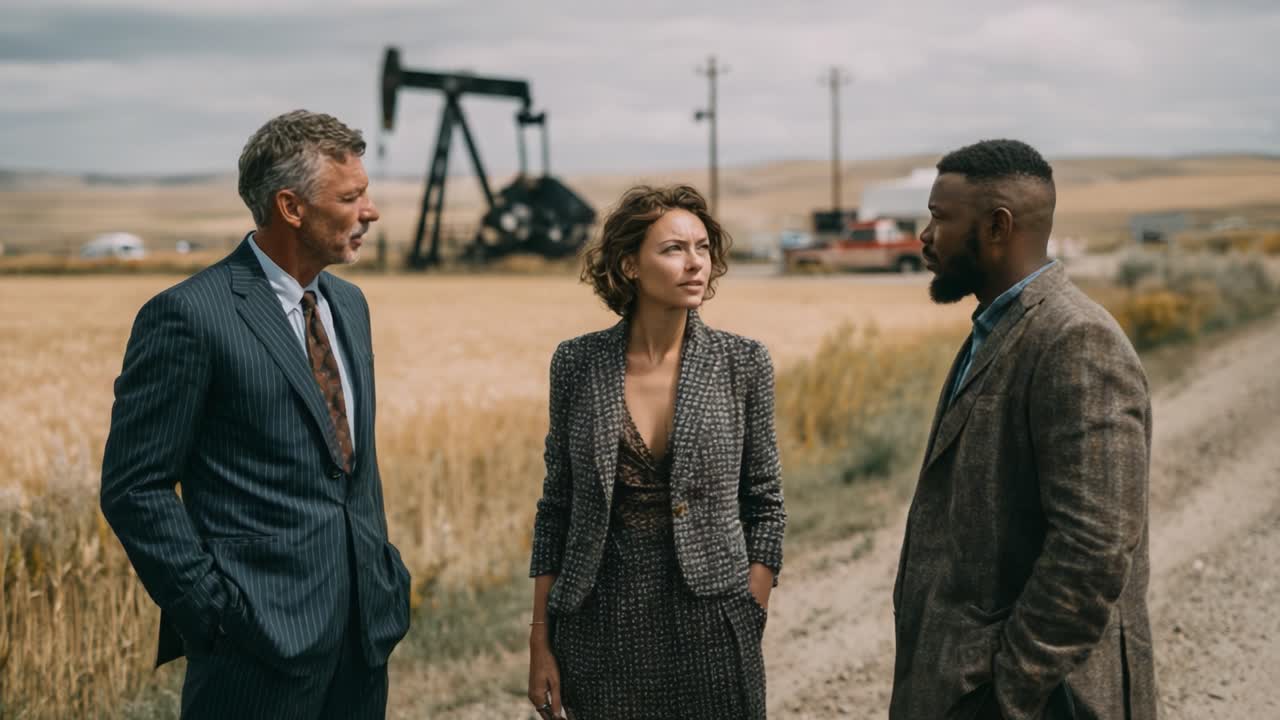 Dans une discussion tendue sur l’avenir de l’énergie, trois personnages se tiennent devant un champ pétrolifère, exprimant un mélange d’émotions et des relations complexes dans un environnement en mutation.