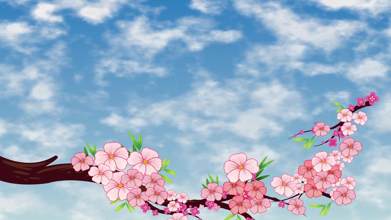 Pink cherry blossom branch gently sways against a looping animated blue cloudy sky.