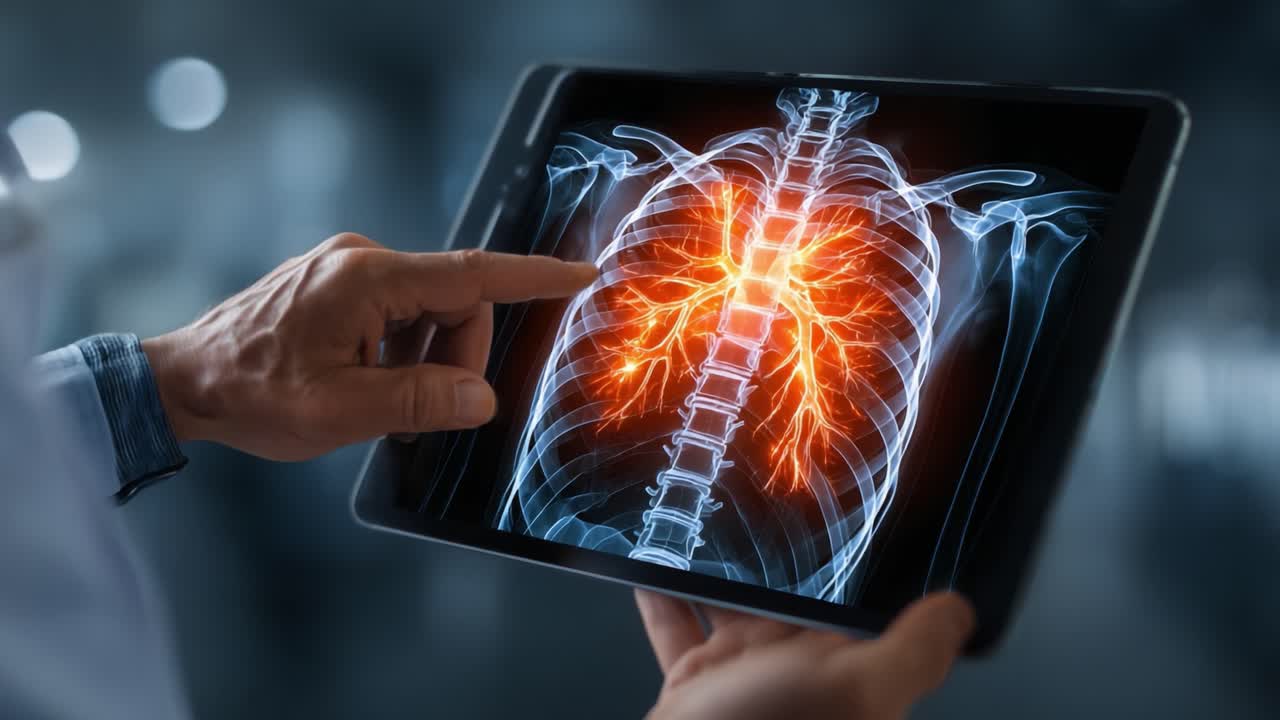 Visualizzazione Dettagliata del Sistema Respiratorio Umano Mostrata su un Tablet Digitale, Evidenziando i Polmoni e la Struttura Bronchiale con Vividi Effetti Luminescenti