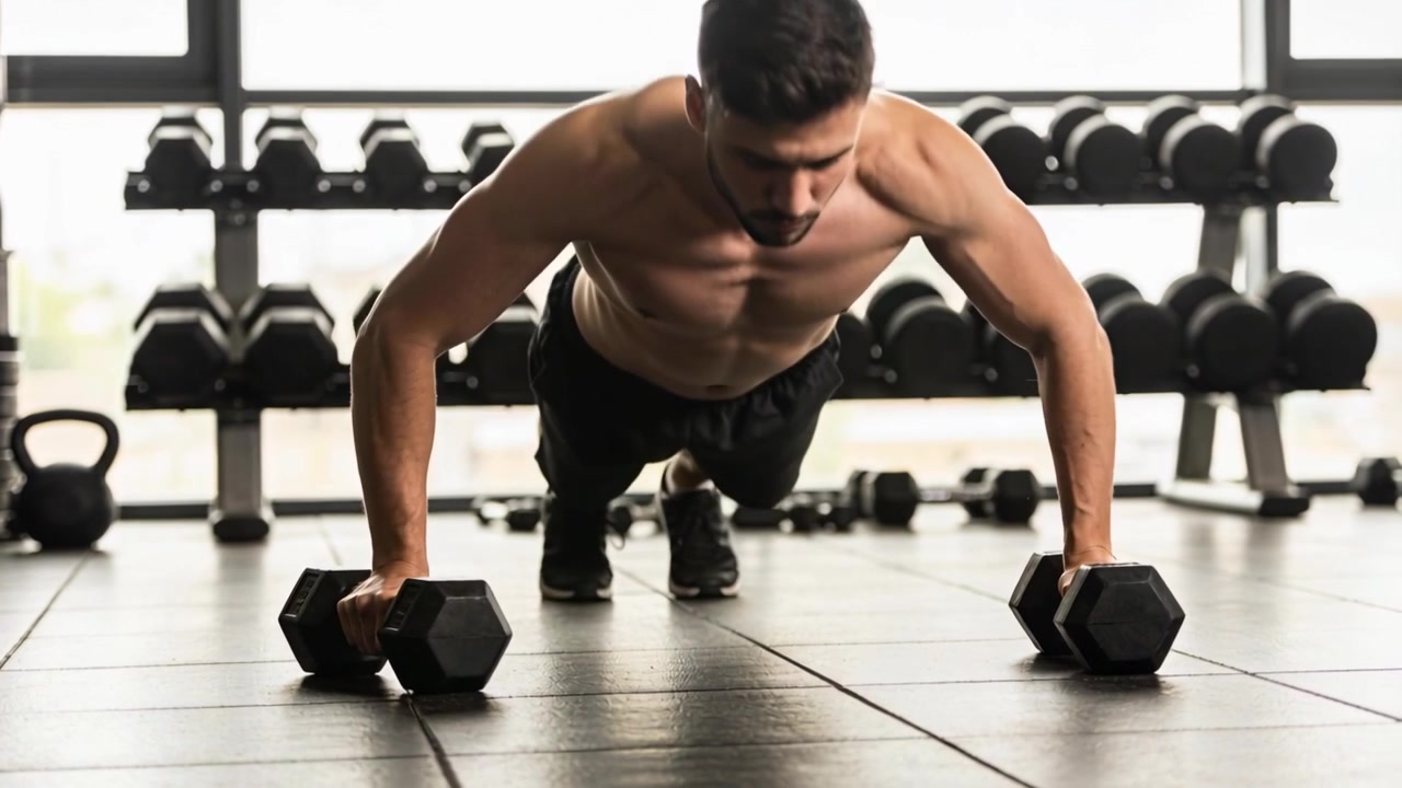 Starting set, shirtless man in dark shorts performing push-ups on hex dumbbells at gym for strength