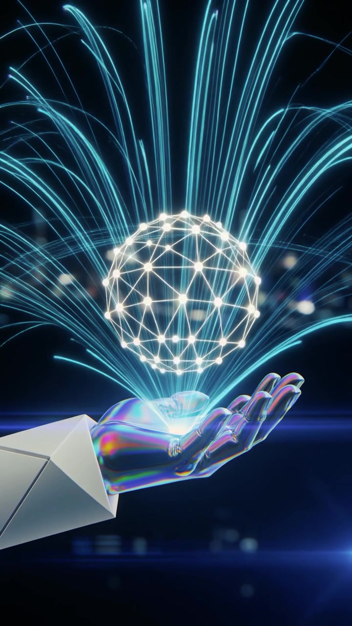 Mão Robótica Futurista Segurando uma Esfera de Rede Digital Brilhante