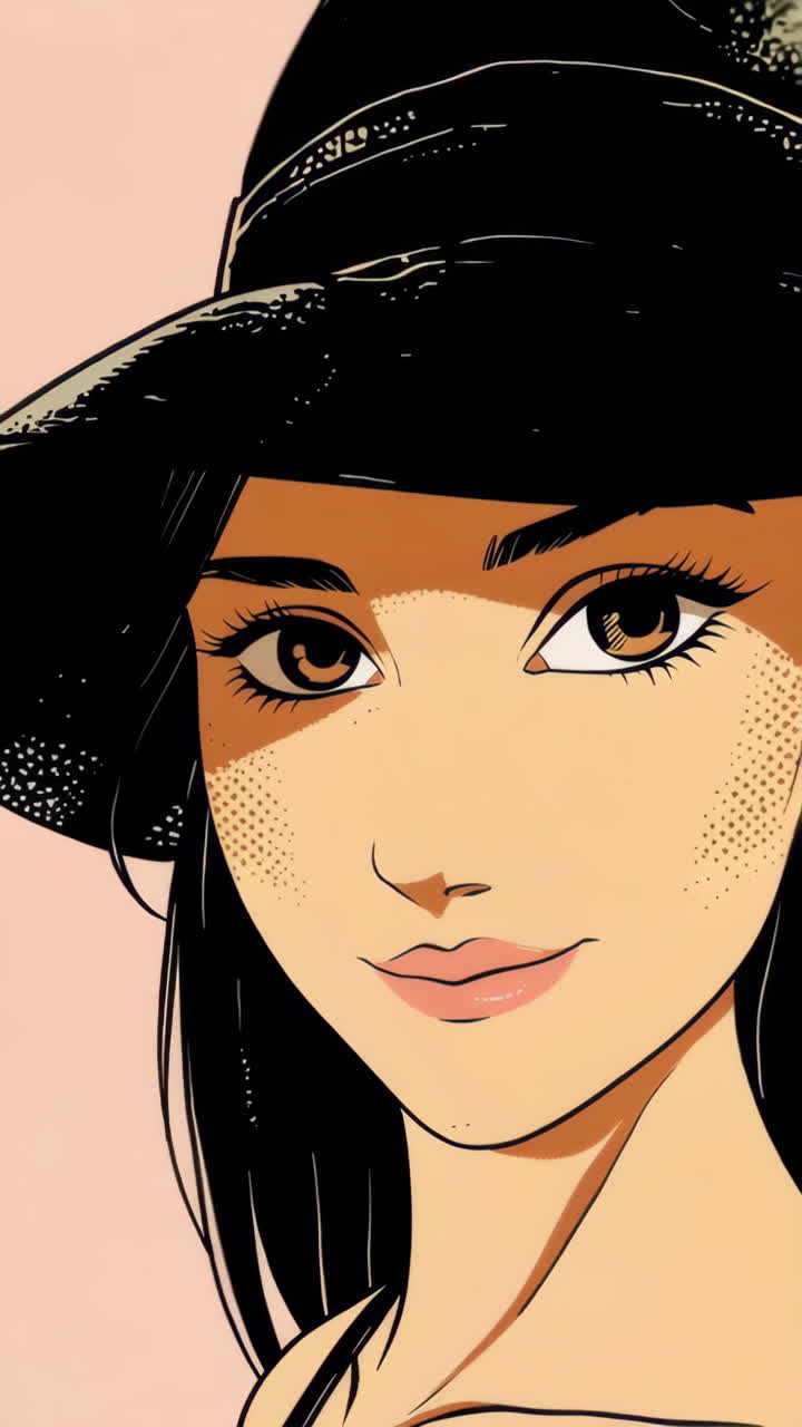 Ritratto in stile anime di una donna con cappello e lentiggini