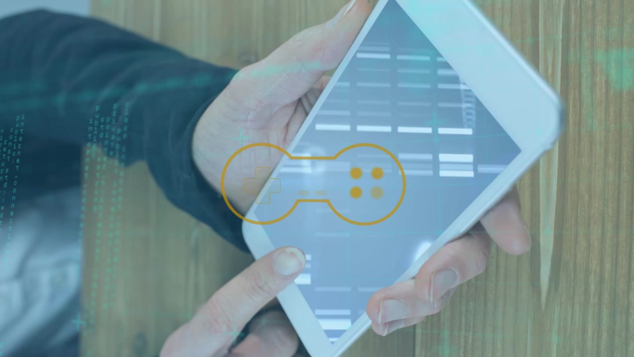 Person Using Smartphone with Digital Gaming Interface Overlay