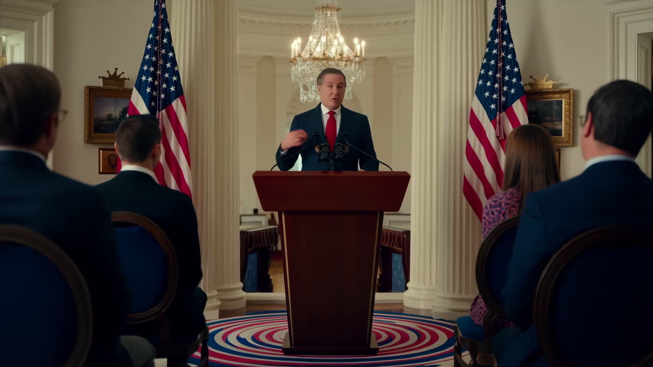 Man giving a speech at a press conference with American flags