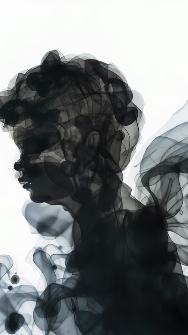 Vertical video: Drifting dark plumes forming human profile on white backdrop, prompted by frames