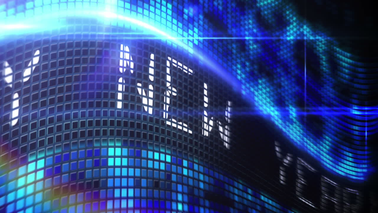 mensaje de feliz año nuevo en la pantalla de píxeles azules