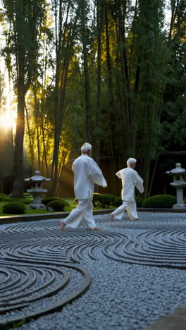 senior couple practicing tai chi in a peaceful garden