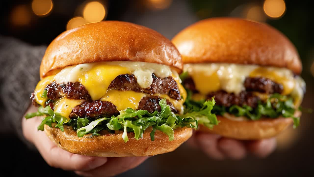 Delicious Double Cheeseburgers Featuring Juicy Patties, Melted Cheese, Fresh Lettuce, and Soft Brioche Buns Perfectly Captured in a Delightful Close-Up