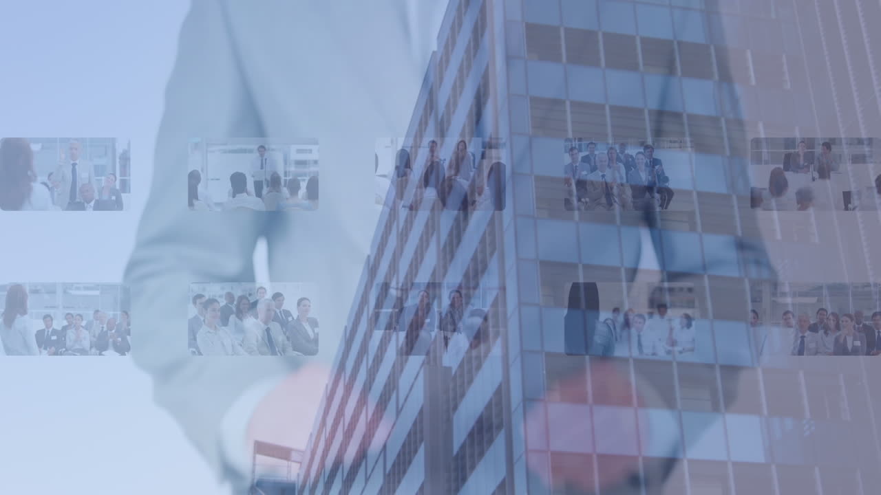 анимация городского пейзажа над кавказским бизнесменом