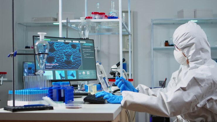 Scientist in ppe suit holding test tube with blue liquid in sterile lab
