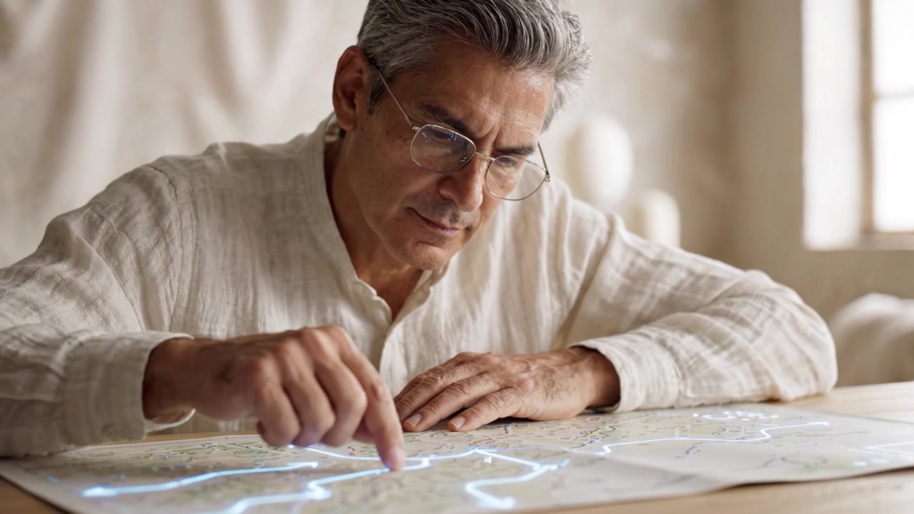 Focused Man Examining Detailed Map with Intense Concentration, Illustrating Passion for Geography, Exploration, and Navigational Skills in a Calm Environment
