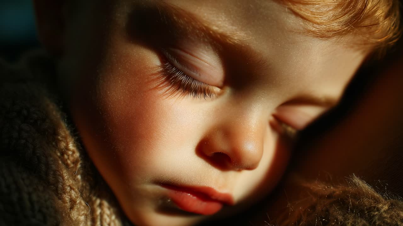 Un moment de sérénité et d’innocence : capturer le sommeil paisible d’un enfant sous une douce lumière naturelle, évoquant chaleur et tendresse dans un cadre confortable