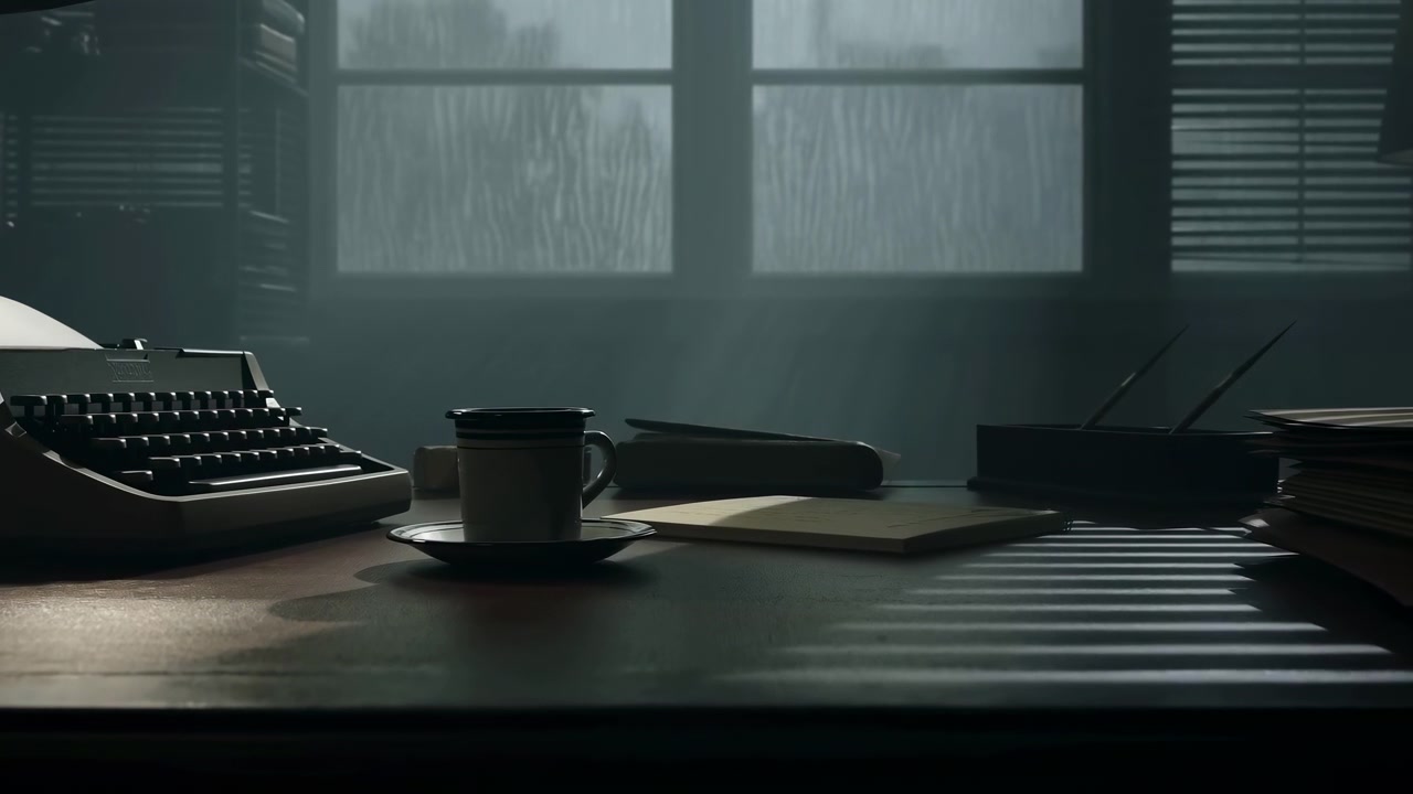 Secuencia de escritorio interior en ángulo bajo que muestra una máquina de escribir mecánica vintage a la izquierda, una taza de café de cerámica en platillo cerca del centro-izquierda, un cuaderno cerrado y una pila de papeles ligeramente torcida con bolígrafos inclinados.