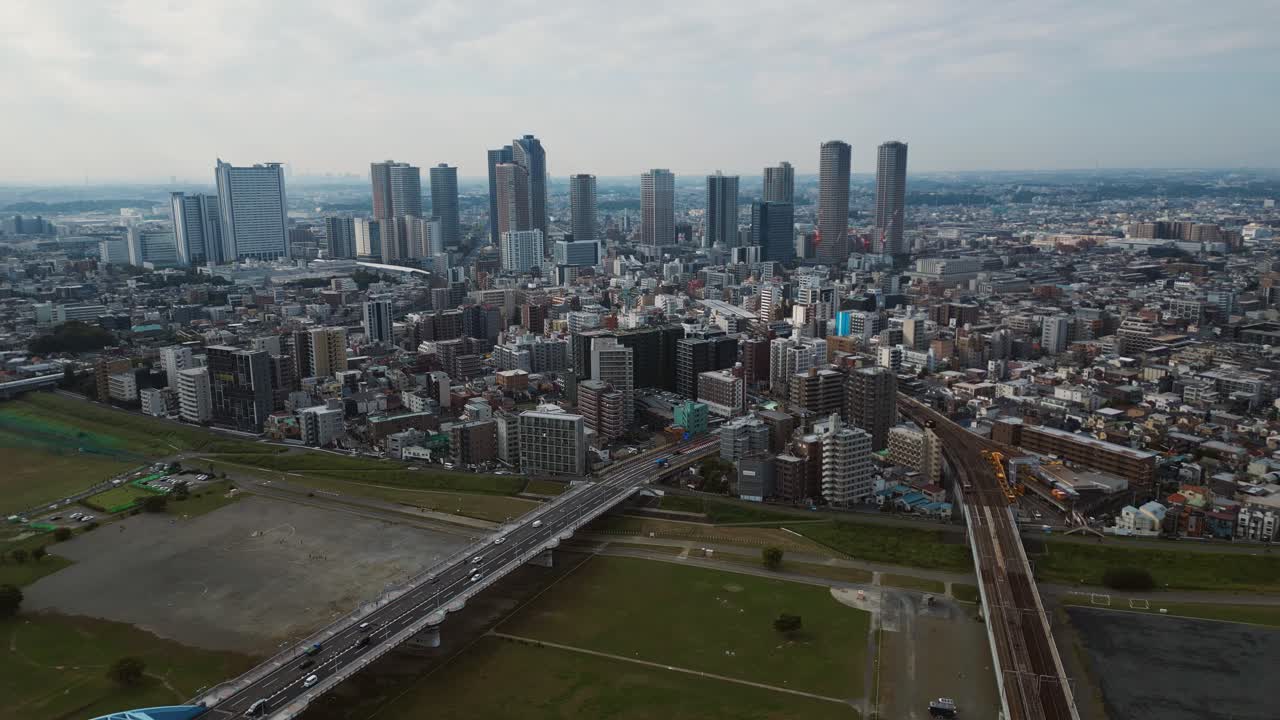 Drone retreat over Musashi Kosugi Tokyo showing harmony with nature