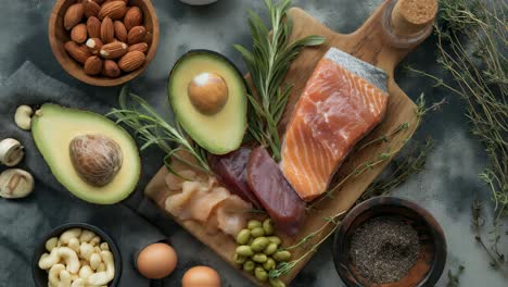 ketogenic diet ingredients displaying lean proteins, healthy fats, and low carb produce neatly organized on neutral gray surface, showcasing nutrition focused meal planning