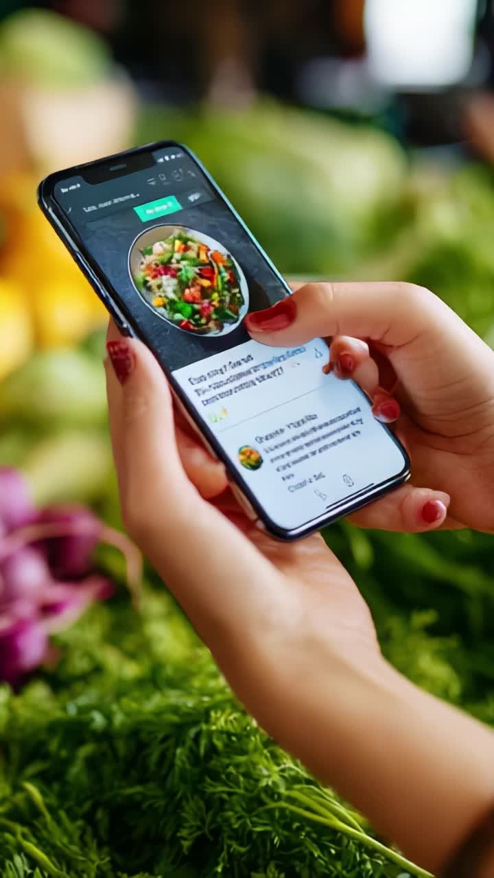 A close-up of a hand holding a smartphone displaying a vibrant salad recipe, surrounded by fresh vegetables. The screen shows details of the dish, illustrating a modern approach to healthy cooking with technology