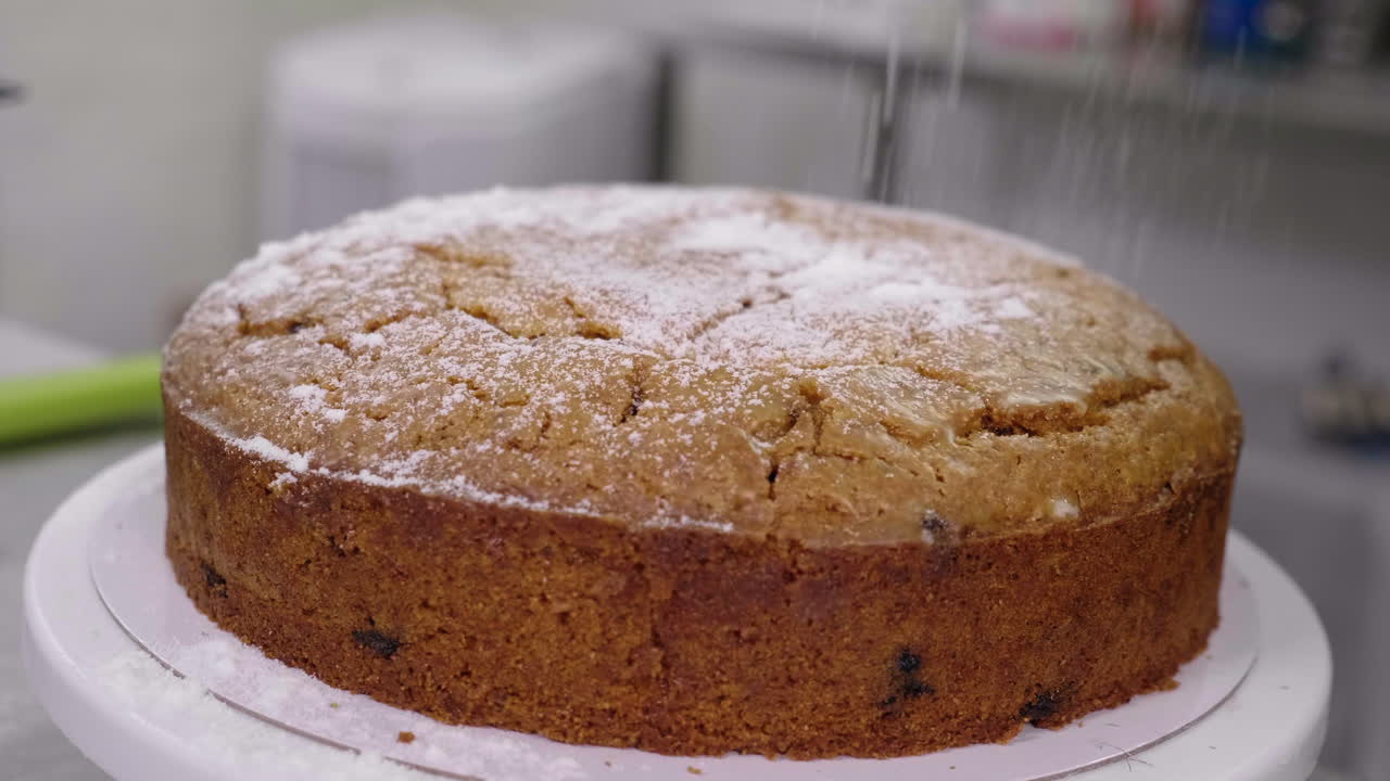 Flormelis drysset på en bagt frugtkage i slowmotion