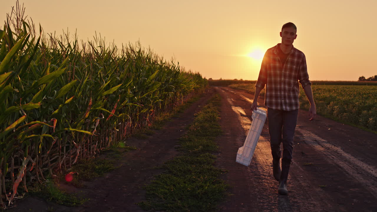 granjero caminando en el campo de maíz al atardecer