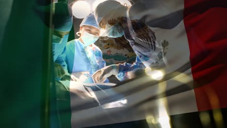 animation of flag of mexico waving over surgeons in operating theatre