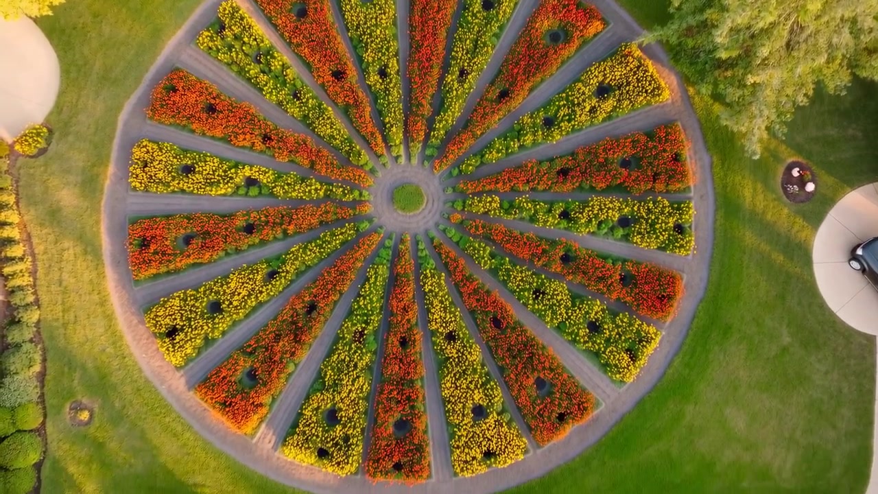 Vista dall'alto di un grande giardino fiorito rotondo con sezioni piantate colorate disposte a raggiera attorno a un cerchio centrale, delimitato da erba verde e pavimentazione.